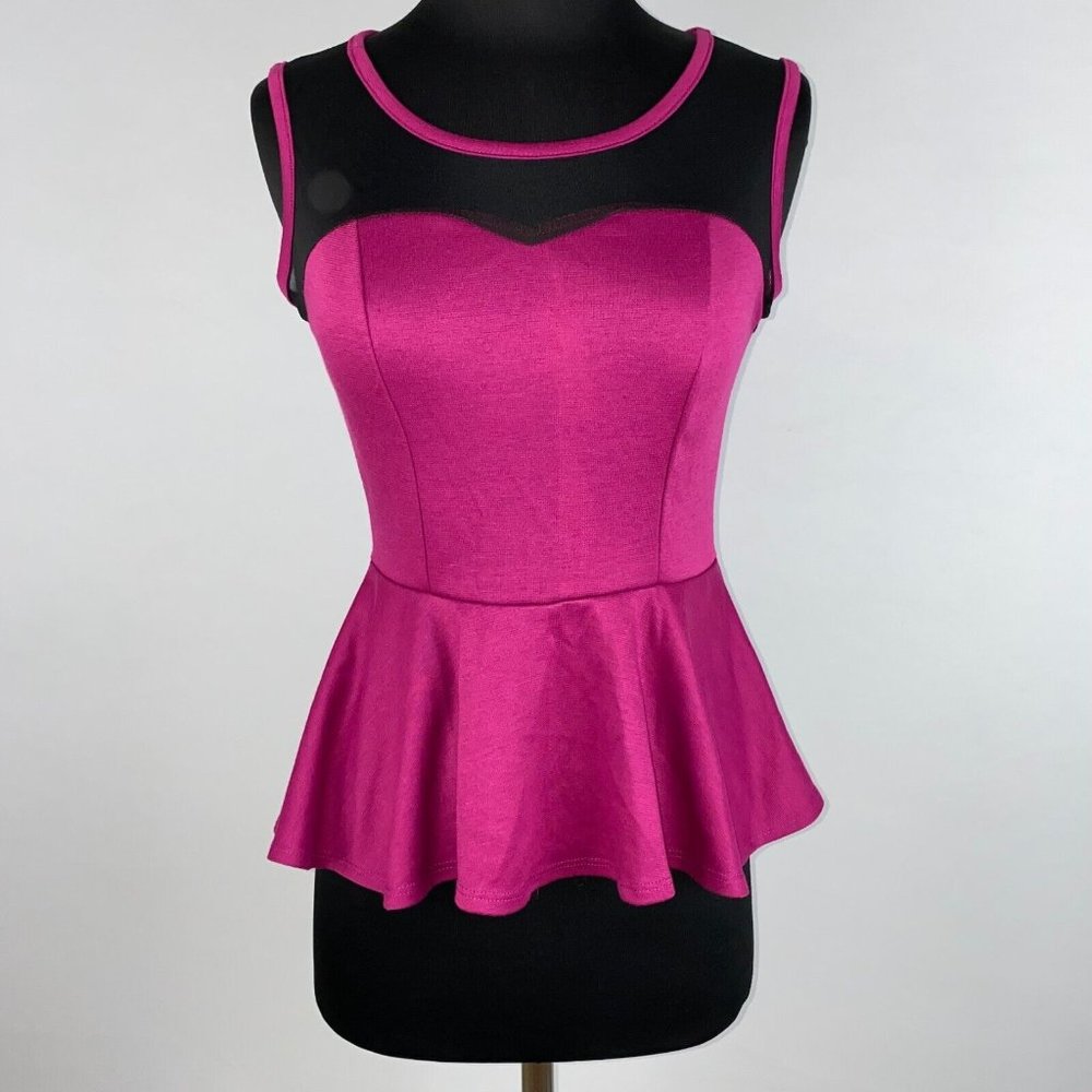 Scotty M Knit Peplum Tank Top Keyhole Back Mesh Accenting Polyester Rayon Blend